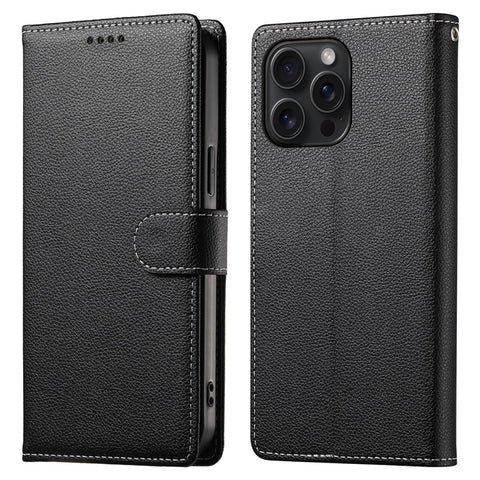 For iPhone 15 Pro Max Stand Case Litchi Texture Leather Wallet Phone Cover Magnetic Snap