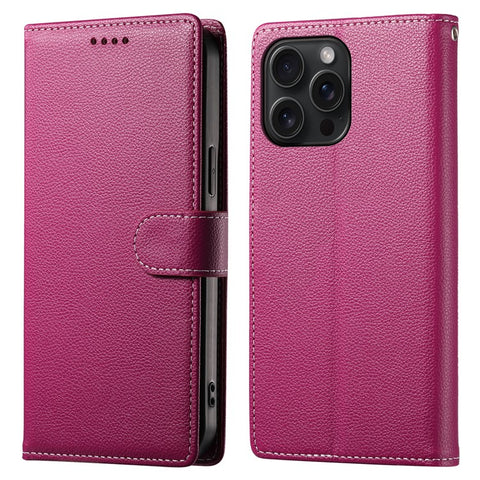 For iPhone 15 Pro Max Stand Case Litchi Texture Leather Wallet Phone Cover Magnetic Snap