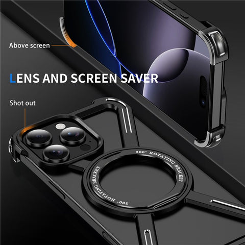 For iPhone 16 Pro Max Magnetic Case Military Grade Anti Drop 360° Rotating Kickstand Titanium Alloy Bumper Phone Cover