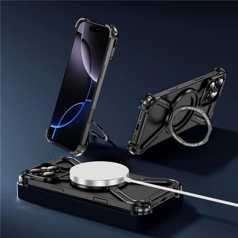 For iPhone 16 Pro Max Magnetic Case Military Grade Anti Drop 360° Rotating Kickstand Titanium Alloy Bumper Phone Cover