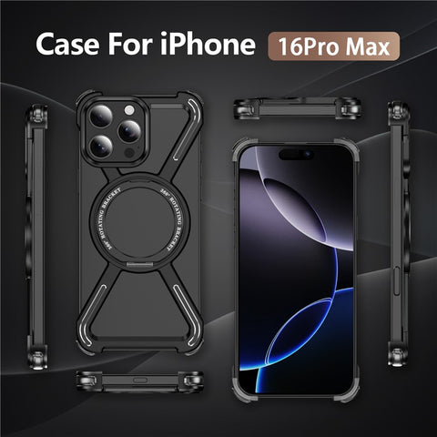 For iPhone 16 Pro Max Magnetic Case Military Grade Anti Drop 360° Rotating Kickstand Titanium Alloy Bumper Phone Cover