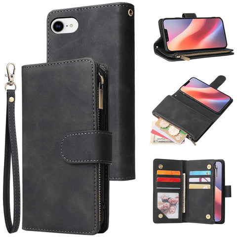 For iPhone 17e / 16e Case Zipper Wallet Multiple Card Slots Leather Phone Cover