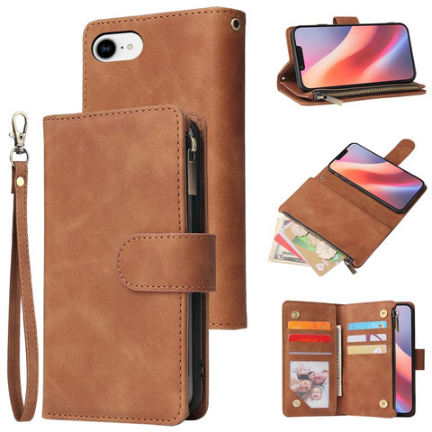 For iPhone 17e / 16e Case Zipper Wallet Multiple Card Slots Leather Phone Cover