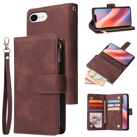 For iPhone 17e / 16e Case Zipper Wallet Multiple Card Slots Leather Phone Cover