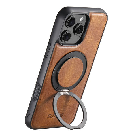 SUTENI G3 For iPhone 16 Pro Case Compatible with MagSafe Waxy Texture 360° Rotating Kickstand Leather Phone Back Cover