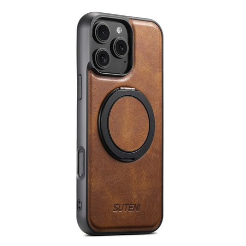 SUTENI G3 For iPhone 16 Pro Case Compatible with MagSafe Waxy Texture 360° Rotating Kickstand Leather Phone Back Cover