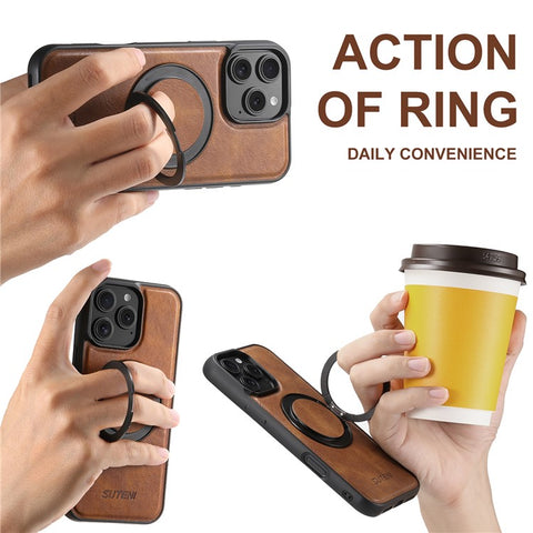 SUTENI G3 For iPhone 16 Pro Case Compatible with MagSafe Waxy Texture 360° Rotating Kickstand Leather Phone Back Cover