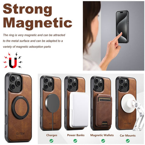 SUTENI G3 For iPhone 16 Pro Case Compatible with MagSafe Waxy Texture 360° Rotating Kickstand Leather Phone Back Cover
