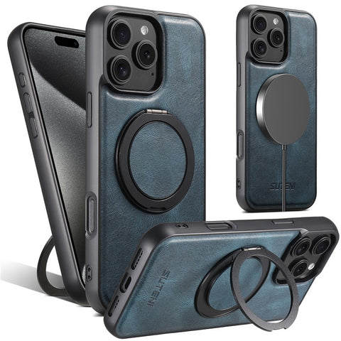 SUTENI G3 For iPhone 16 Pro Case Compatible with MagSafe Waxy Texture 360° Rotating Kickstand Leather Phone Back Cover