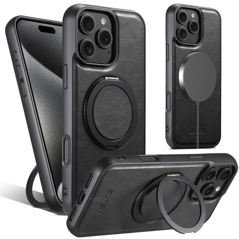 SUTENI G3 For iPhone 16 Pro Case Compatible with MagSafe Waxy Texture 360° Rotating Kickstand Leather Phone Back Cover