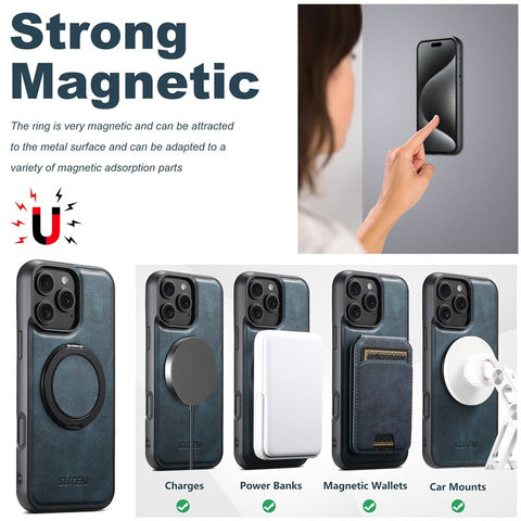 SUTENI G3 For iPhone 16 Pro Max Case Compatible with MagSafe Waxy Texture 360° Rotating Kickstand Leather Phone Back Cover