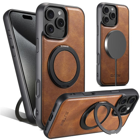 SUTENI G3 For iPhone 16 Pro Max Case Compatible with MagSafe Waxy Texture 360° Rotating Kickstand Leather Phone Back Cover