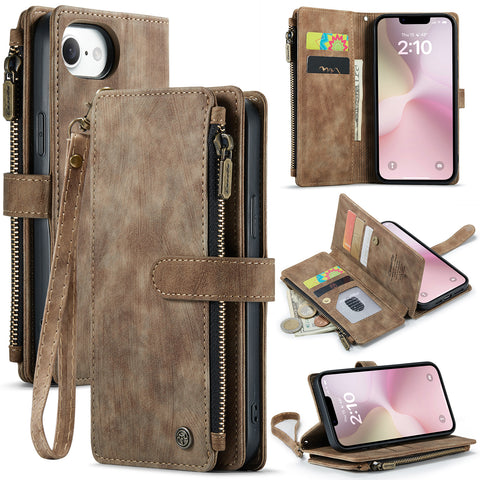CASEME For iPhone 17e / 16e Phone Cases with Strap  C30 Zipper Multiple Card Holder PU Leather Cover