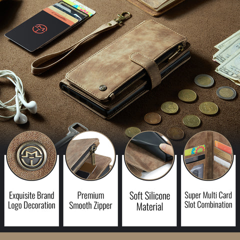 CASEME For iPhone 17e / 16e Phone Cases with Strap  C30 Zipper Multiple Card Holder PU Leather Cover