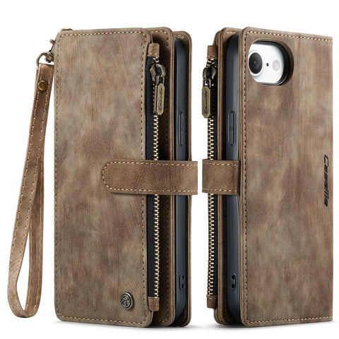 CASEME For iPhone 17e / 16e Phone Cases with Strap  C30 Zipper Multiple Card Holder PU Leather Cover