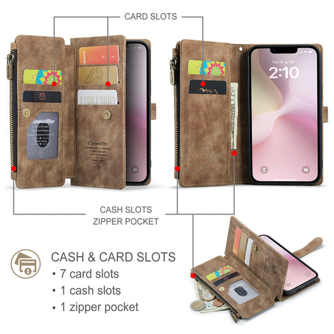 CASEME For iPhone 17e / 16e Phone Cases with Strap  C30 Zipper Multiple Card Holder PU Leather Cover