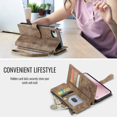 CASEME For iPhone 17e / 16e Phone Cases with Strap  C30 Zipper Multiple Card Holder PU Leather Cover