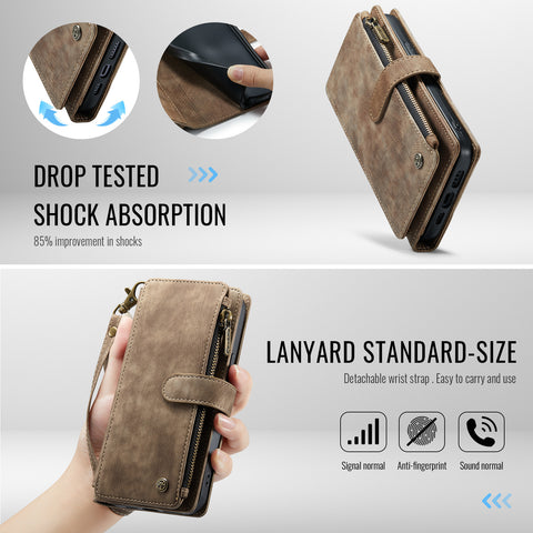 CASEME For iPhone 17e / 16e Phone Cases with Strap  C30 Zipper Multiple Card Holder PU Leather Cover