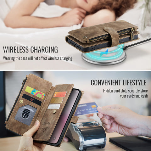 CASEME For iPhone 17e / 16e Phone Cases with Strap  C30 Zipper Multiple Card Holder PU Leather Cover