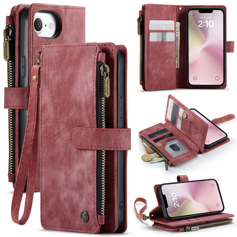 CASEME For iPhone 17e / 16e Phone Cases with Strap  C30 Zipper Multiple Card Holder PU Leather Cover