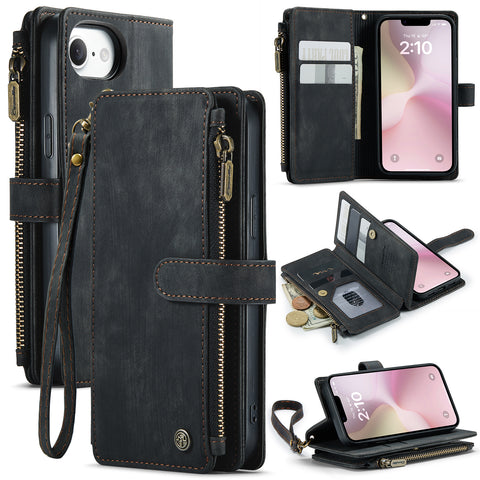 CASEME For iPhone 17e / 16e Phone Cases with Strap  C30 Zipper Multiple Card Holder PU Leather Cover