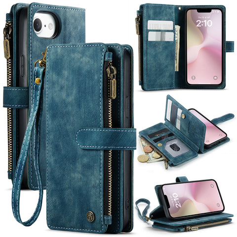 CASEME For iPhone 17e / 16e Phone Cases with Strap  C30 Zipper Multiple Card Holder PU Leather Cover
