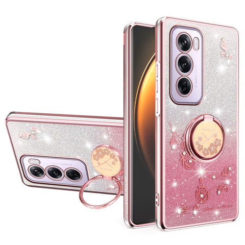 KADEM For Oppo Reno12 Pro 5G (Global) Case Ring Kickstand TPU Flowers Phone Cover Gradient Glitter