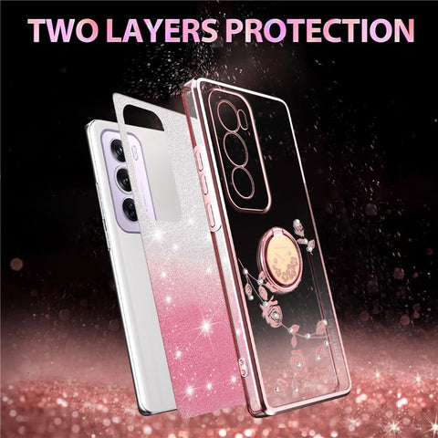 KADEM For Oppo Reno12 Pro 5G (Global) Case Ring Kickstand TPU Flowers Phone Cover Gradient Glitter