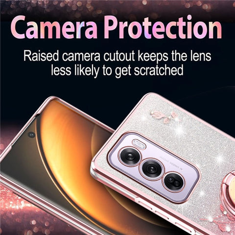 KADEM For Oppo Reno12 Pro 5G (Global) Case Ring Kickstand TPU Flowers Phone Cover Gradient Glitter