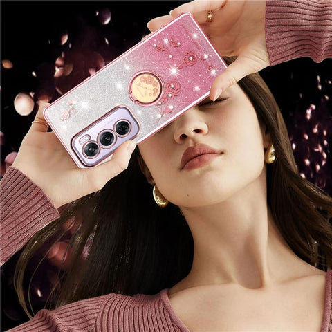 KADEM For Oppo Reno12 Pro 5G (Global) Case Ring Kickstand TPU Flowers Phone Cover Gradient Glitter
