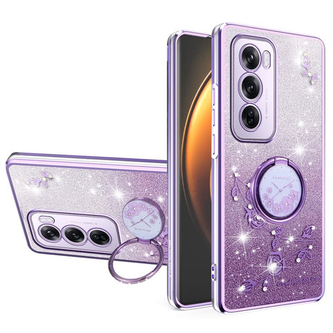 KADEM For Oppo Reno12 Pro 5G (Global) Case Ring Kickstand TPU Flowers Phone Cover Gradient Glitter