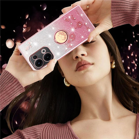 KADEM For Oppo Reno13 5G (Global) Case Ring Kickstand TPU Flowers Phone Cover Gradient Glitter
