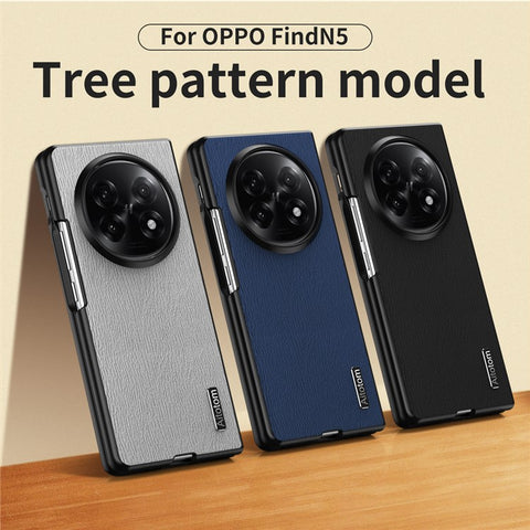 For Oppo Find N5 5G Case Wood Texture PU Leather Coated PC TPU Phone Cover