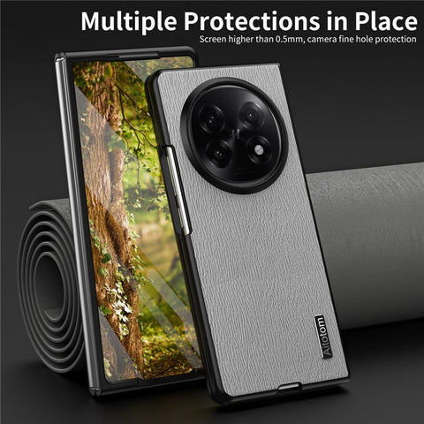 For Oppo Find N5 5G Case Wood Texture PU Leather Coated PC TPU Phone Cover