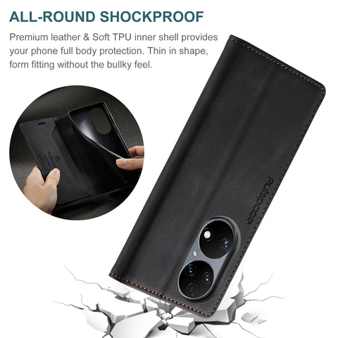 For Huawei P50E / Huawei P50 4G Wallet Case AUTSPACE A01 Leather Stand Cover with RFID Blocking Card Holder