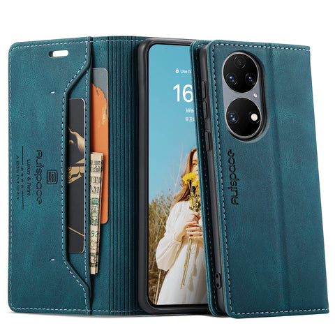 For Huawei P50E / Huawei P50 4G Wallet Case AUTSPACE A01 Leather Stand Cover with RFID Blocking Card Holder