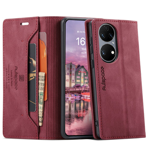 For Huawei P50E / Huawei P50 4G Wallet Case AUTSPACE A01 Leather Stand Cover with RFID Blocking Card Holder