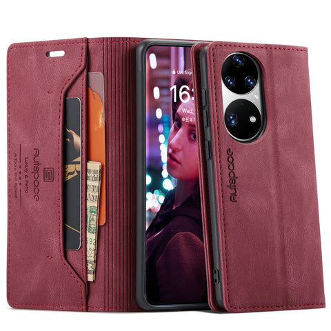 For Huawei P50 Pro 4G Wallet Case AUTSPACE A01 Leather Stand Cover with RFID Blocking Card Holder