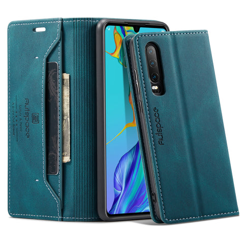 For Huawei P30 Wallet Case AUTSPACE A01 Leather Stand Cover with RFID Blocking Card Holder