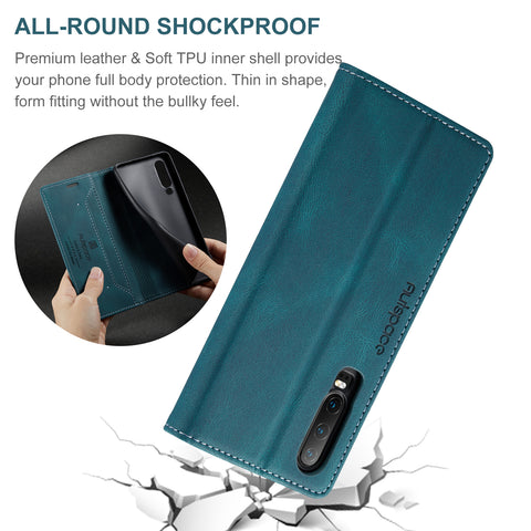 For Huawei P30 Wallet Case AUTSPACE A01 Leather Stand Cover with RFID Blocking Card Holder