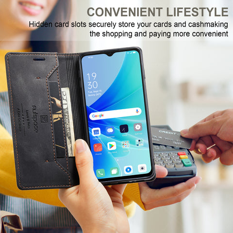 AUTSPACE For Oppo A57s 4G / Oppo A57e 4G / Oppo A77 4G / Oppo A77s 4G / Oppo A57 4G Wallet Case  A01 Leather Stand Cover with RFID Blocking Card Holder