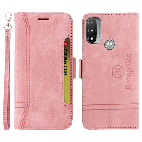 BETOPNICE 001 For Motorola Moto E20 / E30 / E40 Imprinted Stitching Line PU Leather Wallet Case Foldable Stand Protective Cover with Strap