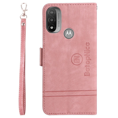 BETOPNICE 001 For Motorola Moto E20 / E30 / E40 Imprinted Stitching Line PU Leather Wallet Case Foldable Stand Protective Cover with Strap