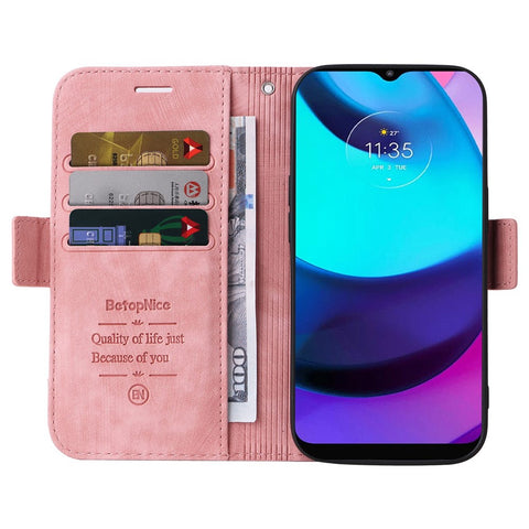 BETOPNICE 001 For Motorola Moto E20 / E30 / E40 Imprinted Stitching Line PU Leather Wallet Case Foldable Stand Protective Cover with Strap