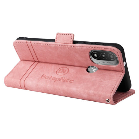 BETOPNICE 001 For Motorola Moto E20 / E30 / E40 Imprinted Stitching Line PU Leather Wallet Case Foldable Stand Protective Cover with Strap