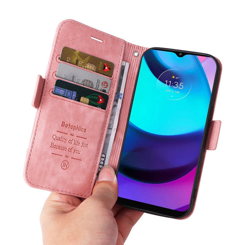 BETOPNICE 001 For Motorola Moto E20 / E30 / E40 Imprinted Stitching Line PU Leather Wallet Case Foldable Stand Protective Cover with Strap