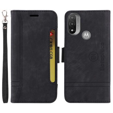 BETOPNICE 001 For Motorola Moto E20 / E30 / E40 Imprinted Stitching Line PU Leather Wallet Case Foldable Stand Protective Cover with Strap