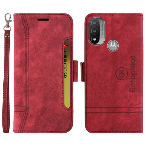 BETOPNICE 001 For Motorola Moto E20 / E30 / E40 Imprinted Stitching Line PU Leather Wallet Case Foldable Stand Protective Cover with Strap