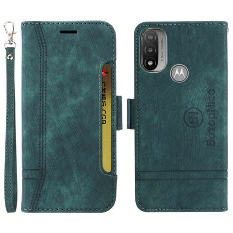 BETOPNICE 001 For Motorola Moto E20 / E30 / E40 Imprinted Stitching Line PU Leather Wallet Case Foldable Stand Protective Cover with Strap