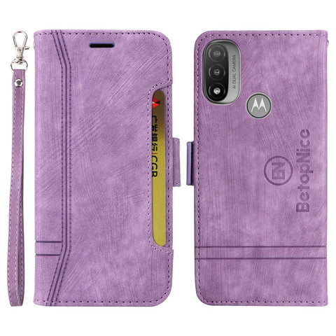 BETOPNICE 001 For Motorola Moto E20 / E30 / E40 Imprinted Stitching Line PU Leather Wallet Case Foldable Stand Protective Cover with Strap